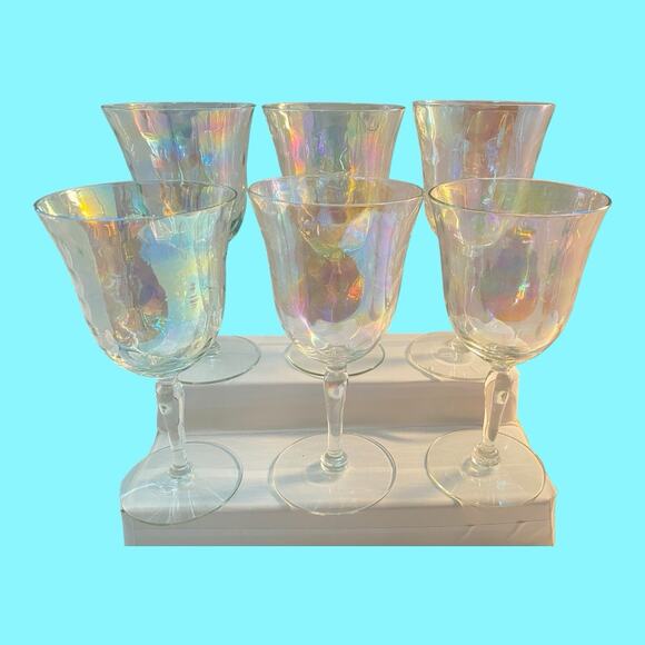 6 Fostoria Crystal Pearl Shell Iridescent Wine Glasses Loop Optics - Picture 10 of 15